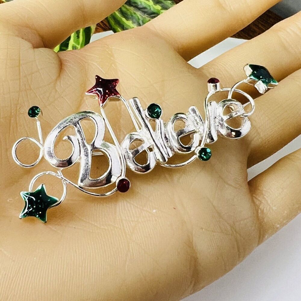 Vintage BELIEVE spell Out Pin Brooch Silver Tone Red Green Stars Rhinestone 4128